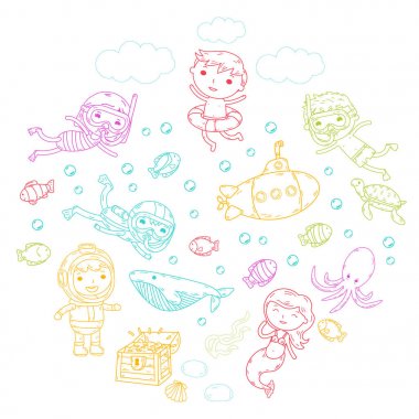 Sualtı. Su Parkı çocuklar. Deniz ve okyanus macera. Yaz. Çizim çocuklar. Doodle görüntü. Çizgi film yaratıklar çocuklu. Baylar bayanlar Yüzme