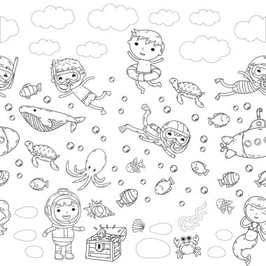 Sualtı. Su Parkı çocuklar. Deniz ve okyanus macera. Yaz. Çizim çocuklar. Doodle görüntü. Çizgi film yaratıklar çocuklu. Baylar bayanlar Yüzme