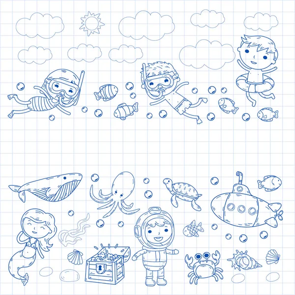 Bajo el agua. Parque acuático para niños. Mar y océano aventura. Verano. Niños dibujando. Imagen de Doodle. Criaturas de dibujos animados con niños. Niños y niñas nadando — Vector de stock