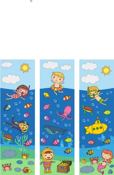 Bajo el agua. Parque acuático para niños. Mar y océano aventura. Verano. Niños dibujando. Imagen de Doodle. Criaturas de dibujos animados con niños. Niños y niñas nadando — Archivo Imágenes Vectoriales