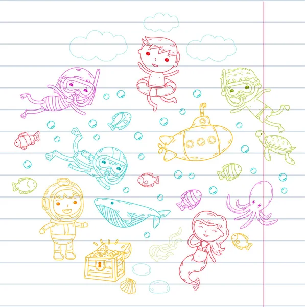 Sous l'eau. Parc aquatique pour enfants. Aventure mer et océan. L'été. Des enfants dessinent. Image de caniche. Créatures de bande dessinée avec des enfants. Garçons et filles nageant — Image vectorielle