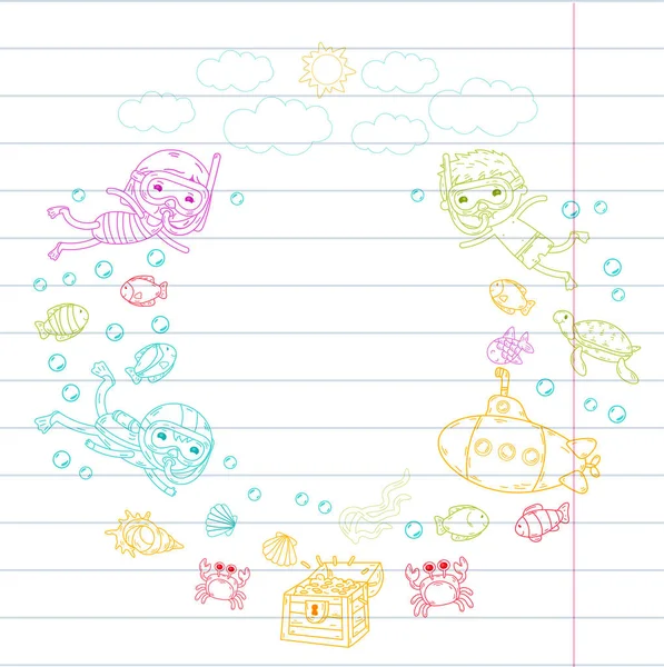 Unterwasser. Kinder-Wasserpark. Meer und Ozean Abenteuer. Sommerzeit. Kinder zeichnen. Doodle-Image. Zeichentrickwesen mit Kindern. Jungen und Mädchen schwimmen — Stockvektor