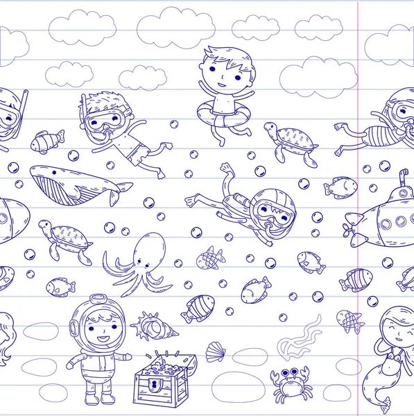 Under vattnet. Kids waterpark. Havet och havet äventyr. Sommartid. Barnen ritade. Doodle bild. Tecknade varelser med barn. Pojkar och flickor simning — Stock vektor