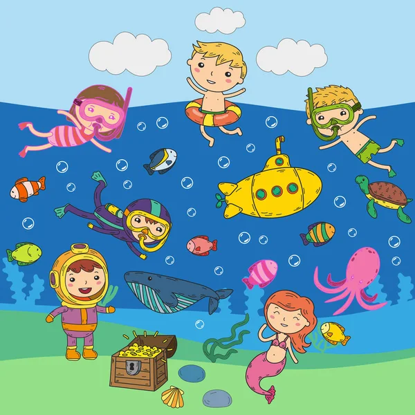 Di bawah air. Taman air anak-anak. Petualangan laut dan laut. Musim panas. Anak menggambar. Citra Doodle. Makhluk kartun dengan anak-anak. Laki-laki dan perempuan berenang Stok Ilustrasi 