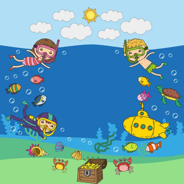 Di bawah air. Taman air anak-anak. Petualangan laut dan laut. Musim panas. Anak menggambar. Citra Doodle. Makhluk kartun dengan anak-anak. Laki-laki dan perempuan berenang Stok Vektor