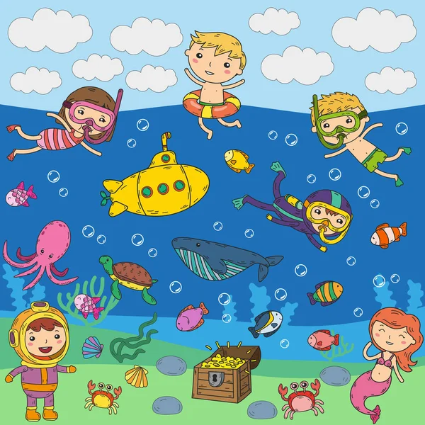 Di bawah air. Taman air anak-anak. Petualangan laut dan laut. Musim panas. Anak menggambar. Citra Doodle. Makhluk kartun dengan anak-anak. Laki-laki dan perempuan berenang Stok Ilustrasi Bebas Royalti