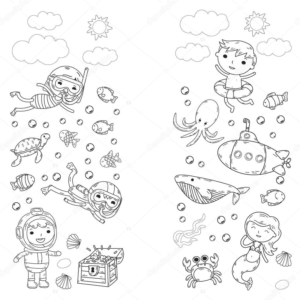 Underwater. Kids waterpark. Sea and ocean adventure. Summertime. Kids drawing. Doodle image. Cartoon creatures with children. Boys and girls swimming