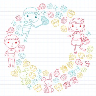 Bahar. Paskalya. Küçük Bahçe. Çocuk oyun. Paskalya kek, tavşan, tavşan. Oğlanlar ve kızlar. Anaokulu veya okul bahar tatil. Kelebek, arı ve çiçekler. Vektör doodle görüntü