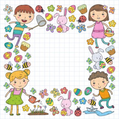 Bahar. Paskalya. Küçük Bahçe. Çocuk oyun. Paskalya kek, tavşan, tavşan. Oğlanlar ve kızlar. Anaokulu veya okul bahar tatil. Kelebek, arı ve çiçekler. Vektör doodle görüntü