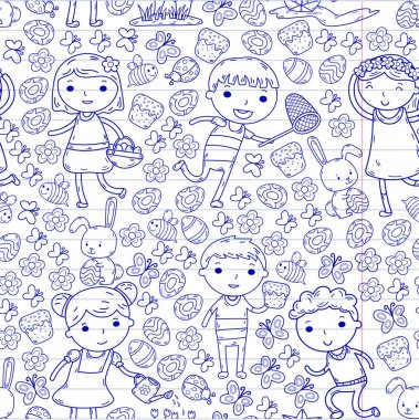 Bahar. Paskalya. Küçük Bahçe. Çocuk oyun. Paskalya kek, tavşan, tavşan. Oğlanlar ve kızlar. Anaokulu veya okul bahar tatil. Kelebek, arı ve çiçekler. Vektör doodle görüntü