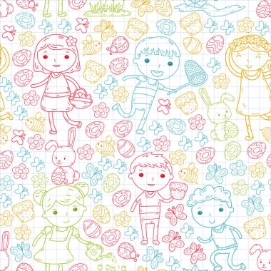 Bahar. Paskalya. Küçük Bahçe. Çocuk oyun. Paskalya kek, tavşan, tavşan. Oğlanlar ve kızlar. Anaokulu veya okul bahar tatil. Kelebek, arı ve çiçekler. Vektör doodle görüntü