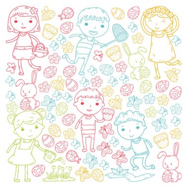 Bahar. Paskalya. Küçük Bahçe. Çocuk oyun. Paskalya kek, tavşan, tavşan. Oğlanlar ve kızlar. Anaokulu veya okul bahar tatil. Kelebek, arı ve çiçekler. Vektör doodle görüntü