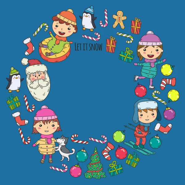 Τα παιδιά και το χειμώνα παιχνίδια - σκι, έλκηθρο, πατινάζ στον πάγο Χριστουγεννιάτικη γιορτή. Νηπιαγωγείο τα παιδιά παίζουν και να διασκεδάζουν. Άγιος Βασίλης, χιονάνθρωπος, ελάφια, πιγκουίνος. Παιδιά σχεδίασης διανυσματικών doodle εικονογράφηση. — Διανυσματικό Αρχείο