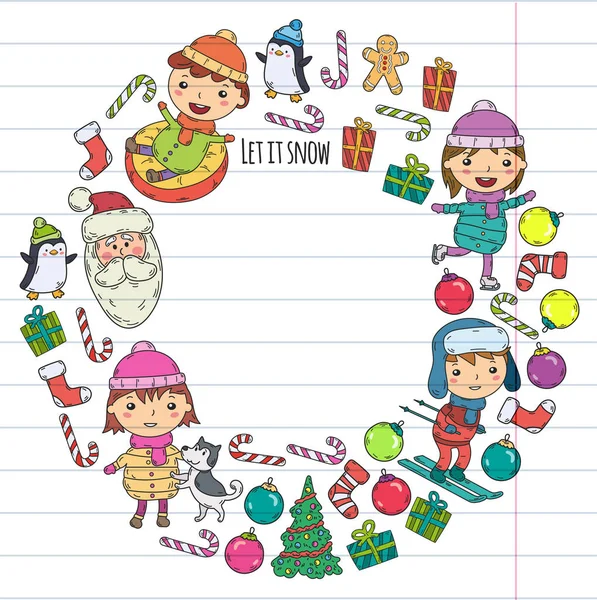 Детские и зимние игры - катание на лыжах, санях, празднование Рождества. Дети в детском саду играют и веселятся. Санта Клаус, снеговик, олень, пингвин. Дети рисуют векторные каракули . — стоковый вектор