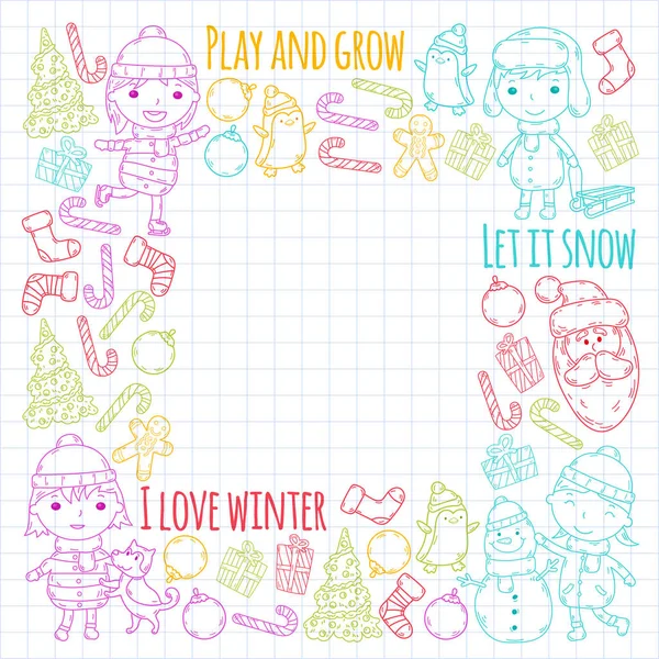 Kinderen en Winterspelen - ski, slee, schaatsen kerstviering. Kleuterschool kinderen spelen en plezier. Kerstman, sneeuwman, herten, pinguïn. Kinderen tekenen doodle vectorillustratie. — Stockvector
