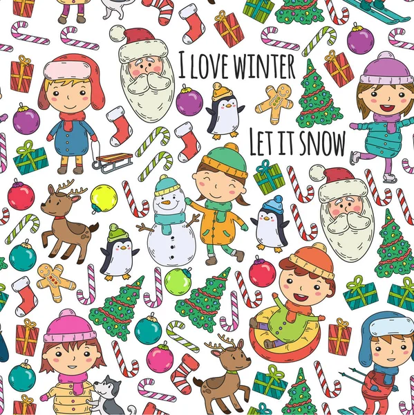 Los niños y los juegos de invierno - esquí, trineo, patinaje sobre hielo celebración de Navidad. Los niños del jardín de infantes juegan y se divierten. Santa Claus, muñeco de nieve, ciervo, pingüino. Niños dibujo vector garabato ilustración . — Archivo Imágenes Vectoriales