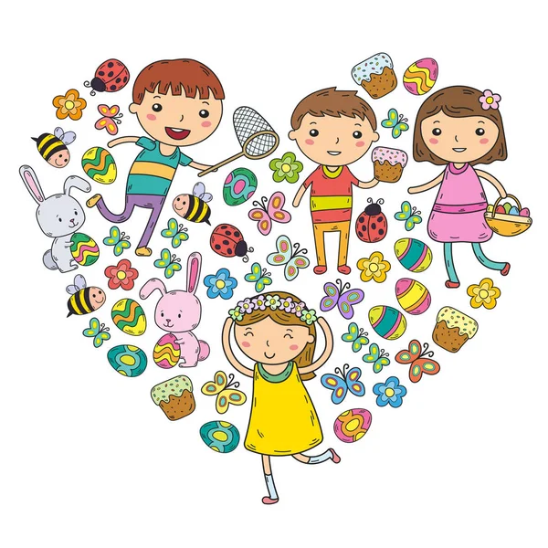 Tavaszi. Húsvét. Kis kert. A gyerekek játszanak. Húsvét sütemény, nyuszi, nyúl. Fiúk és a lányok. Óvoda, vagy iskola Tavaszi szünidő. Pillangó, a méh és a virágok. Vektor doodle kép — Stock Vector