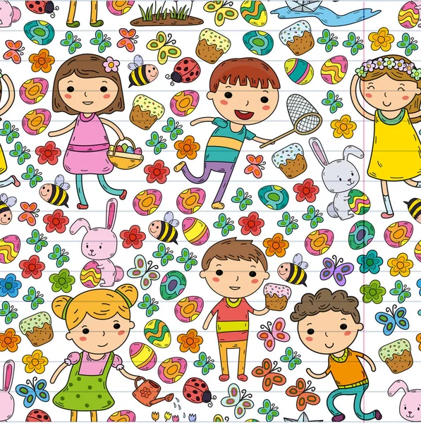 Весной. Пасха. Маленький сад. Дети играют. Пасхальный торт, кролик, кролик. Мальчики и девочки. Детский сад или школьные весенние каникулы. Бабочка, пчела и цветы. Векторные рисунки — стоковый вектор