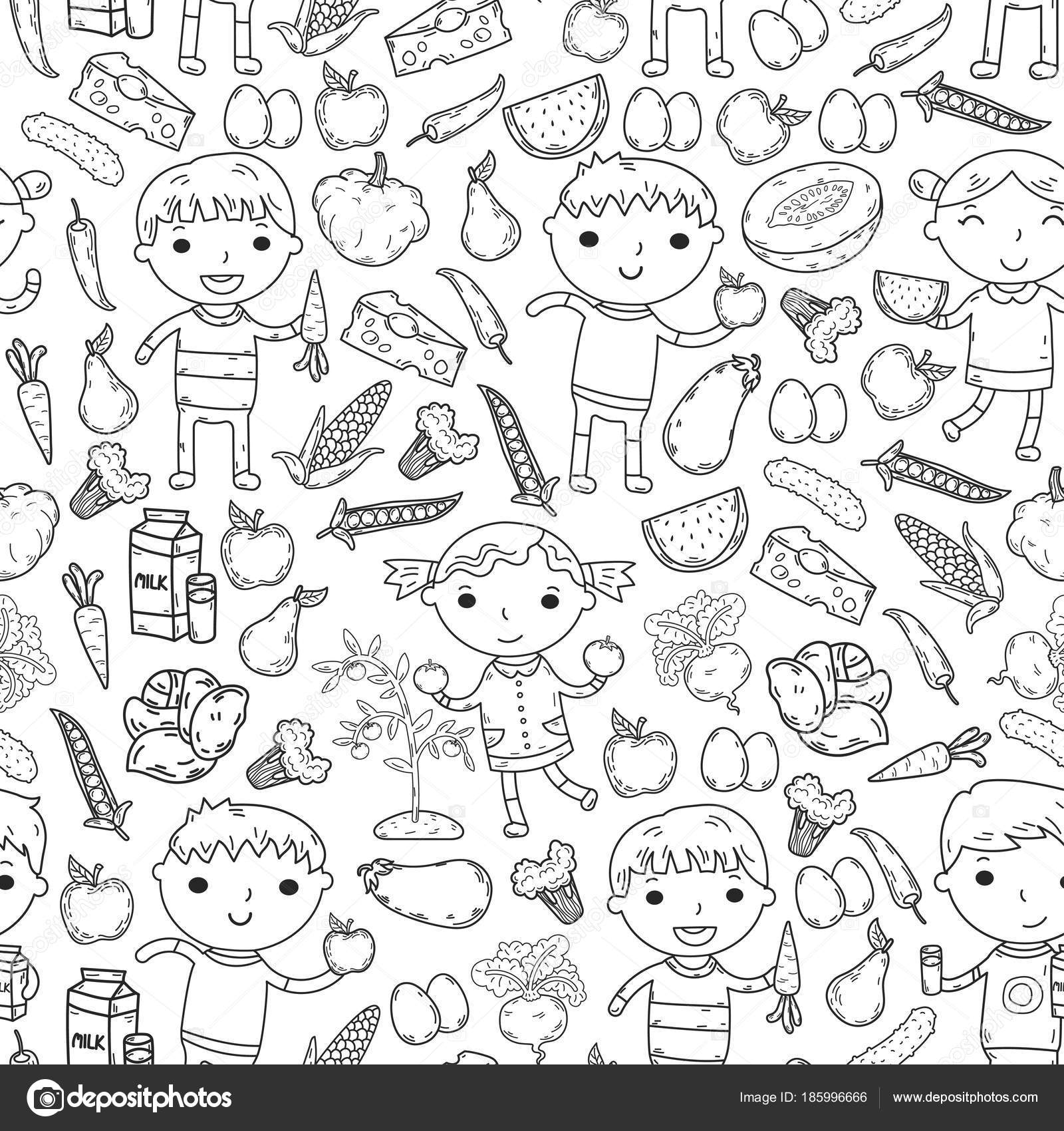 Kindergarten Nursery Preschool School Kids Eat Healthy Food Boys And Girls With Fruits Vegetables