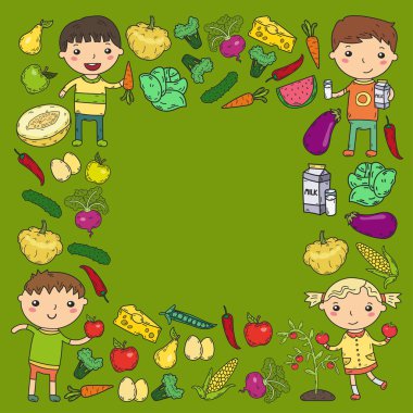 Anaokulu anaokulu okul öncesi çocuklara sağlıklı gıda erkek ve kız ile meyve ve sebze ye. Çocuk kafe, menü, Restoran. Vitaminler.
