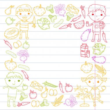 Anaokulu anaokulu okul öncesi çocuklara sağlıklı gıda erkek ve kız ile meyve ve sebze ye. Çocuk kafe, menü, Restoran. Vitaminler.