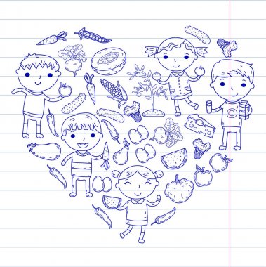 Anaokulu anaokulu okul öncesi çocuklara sağlıklı gıda erkek ve kız ile meyve ve sebze ye. Çocuk kafe, menü, Restoran. Vitaminler.