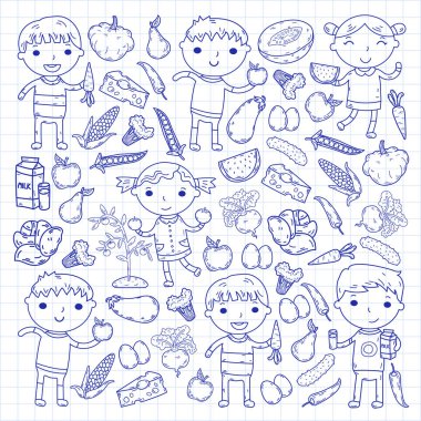 Anaokulu anaokulu okul öncesi çocuklara sağlıklı gıda erkek ve kız ile meyve ve sebze ye. Çocuk kafe, menü, Restoran. Vitaminler.