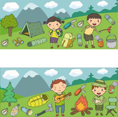 Kamp. Yaz tatili. Oğlanlar ve kızlar. Anaokulu Çocuk. Okulu öğrenci öğrencileri. Genç izci. Ahşap. Orman. Yangın. Macera ve keşif.