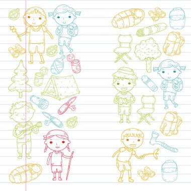 Kamp. Yaz tatili. Oğlanlar ve kızlar. Anaokulu Çocuk. Okulu öğrenci öğrencileri. Genç izci. Ahşap. Orman. Yangın. Macera ve keşif.