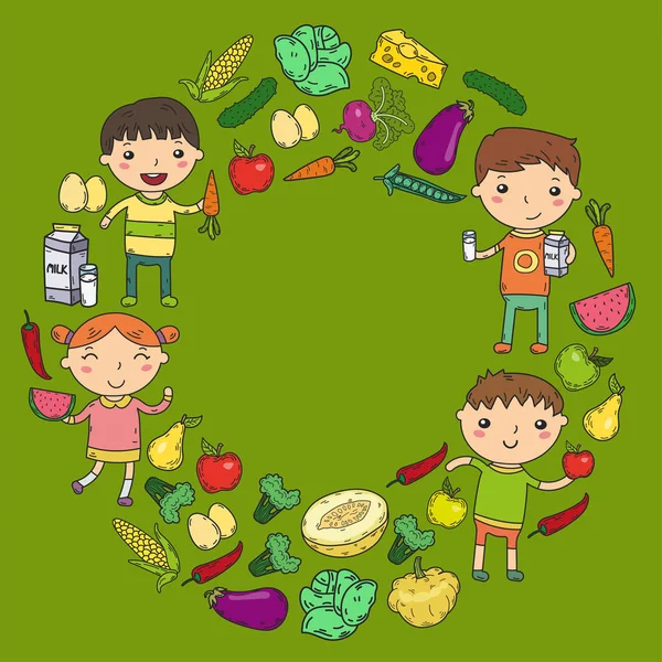 Educação Infantil Crianças em idade pré-escolar comem alimentos saudáveis Meninos e meninas com frutas e legumes. Café infantil, menu, restaurante. Vitaminas . — Vetor de Stock