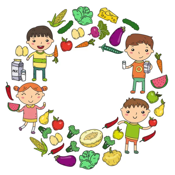 Educação Infantil Crianças em idade pré-escolar comem alimentos saudáveis Meninos e meninas com frutas e legumes. Café infantil, menu, restaurante. Vitaminas . — Vetor de Stock