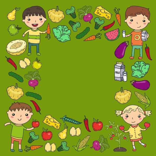 Maternelle Maternelle Maternelle Les enfants d'âge préscolaire mangent des aliments sains Garçons et filles avec des fruits et légumes. Café pour enfants, menu, restaurant. Vitamines . — Image vectorielle