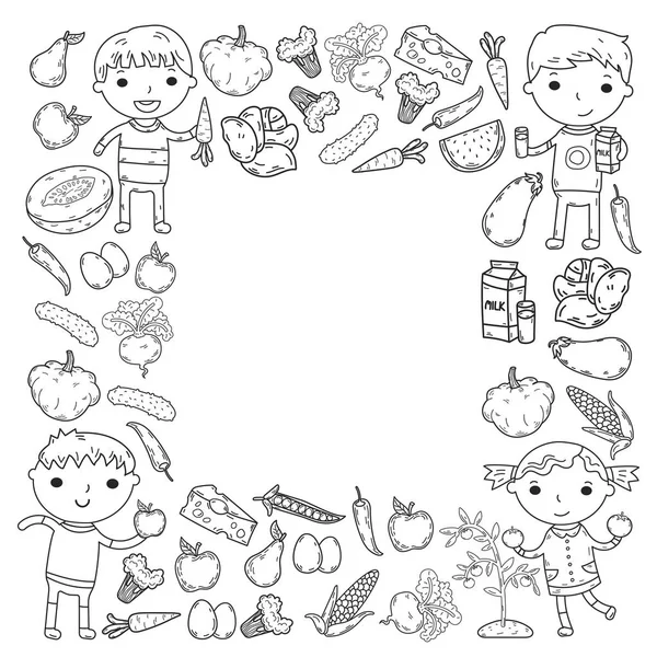 Maternelle Maternelle Maternelle Les enfants d'âge préscolaire mangent des aliments sains Garçons et filles avec des fruits et légumes. Café pour enfants, menu, restaurant. Vitamines . — Image vectorielle