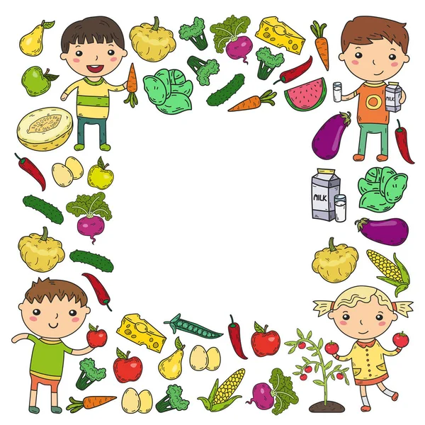 Educação Infantil Crianças em idade pré-escolar comem alimentos saudáveis Meninos e meninas com frutas e legumes. Café infantil, menu, restaurante. Vitaminas . — Vetor de Stock