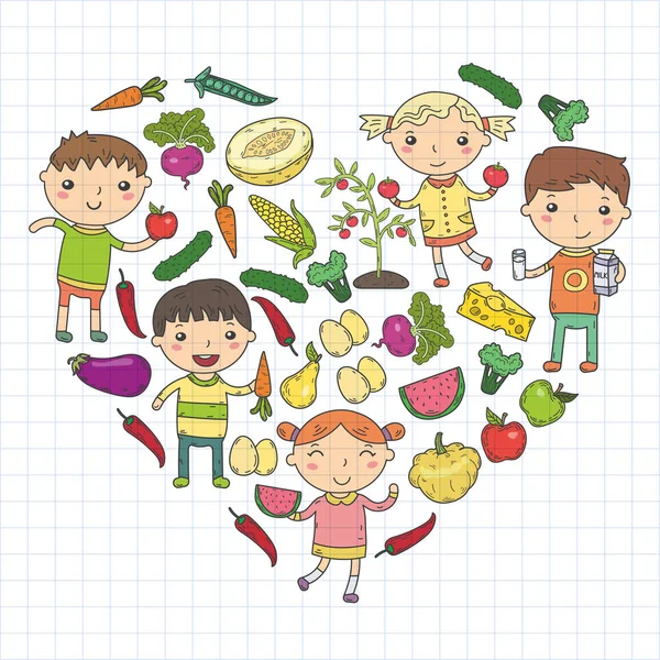 Mateřská školka MŠ děti jíst zdravé potraviny chlapci a dívky s ovocem a zeleninou. Děti café, menu, restaurace. Vitamíny. — Stockový vektor