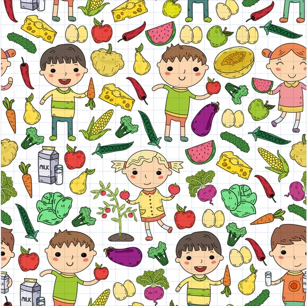 Educação Infantil Crianças em idade pré-escolar comem alimentos saudáveis Meninos e meninas com frutas e legumes. Café infantil, menu, restaurante. Vitaminas . — Vetor de Stock