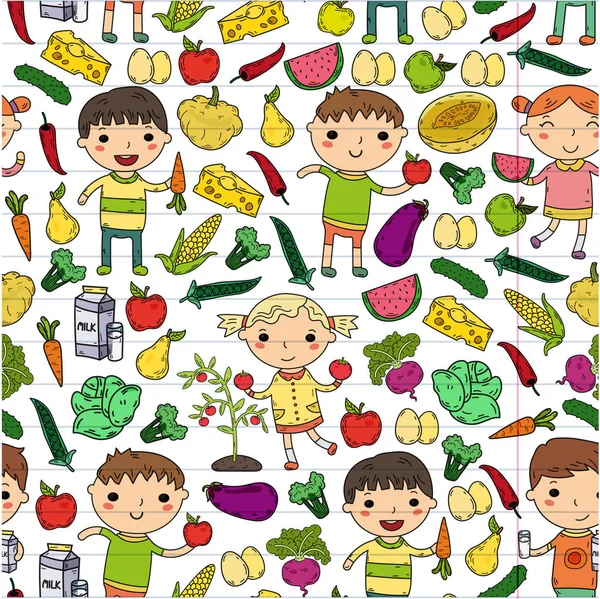 Educação Infantil Crianças em idade pré-escolar comem alimentos saudáveis Meninos e meninas com frutas e legumes. Café infantil, menu, restaurante. Vitaminas . — Vetor de Stock