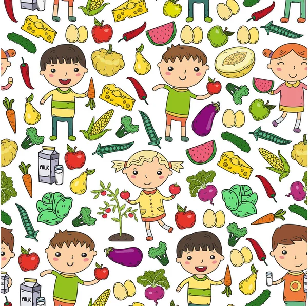 Förskola i förskola dagis barnen äter hälsosam mat pojkar och flickor med frukt och grönsaker. Barn café, meny, restaurang. Vitaminer. — Stock vektor
