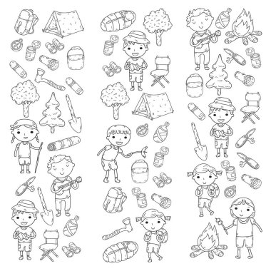 Kamp. Yaz tatili. Oğlanlar ve kızlar. Anaokulu Çocuk. Okulu öğrenci öğrencileri. Genç izci. Ahşap. Orman. Yangın. Macera ve keşif.
