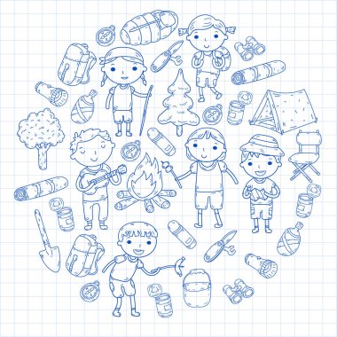 Kamp. Yaz tatili. Oğlanlar ve kızlar. Anaokulu Çocuk. Okulu öğrenci öğrencileri. Genç izci. Ahşap. Orman. Yangın. Macera ve keşif.