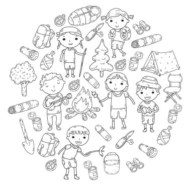 Kamp. Yaz tatili. Oğlanlar ve kızlar. Anaokulu Çocuk. Okulu öğrenci öğrencileri. Genç izci. Ahşap. Orman. Yangın. Macera ve keşif.