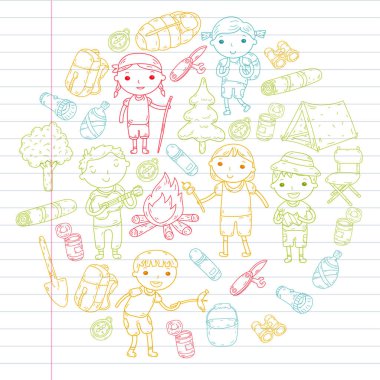 Kamp. Yaz tatili. Oğlanlar ve kızlar. Anaokulu Çocuk. Okulu öğrenci öğrencileri. Genç izci. Ahşap. Orman. Yangın. Macera ve keşif.