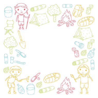 Kamp. Yaz tatili. Oğlanlar ve kızlar. Anaokulu Çocuk. Okulu öğrenci öğrencileri. Genç izci. Ahşap. Orman. Yangın. Macera ve keşif.