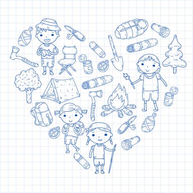 Kamp. Yaz tatili. Oğlanlar ve kızlar. Anaokulu Çocuk. Okulu öğrenci öğrencileri. Genç izci. Ahşap. Orman. Yangın. Macera ve keşif.