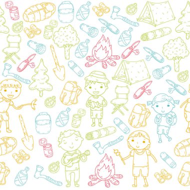 Kamp. Yaz tatili. Oğlanlar ve kızlar. Anaokulu Çocuk. Okulu öğrenci öğrencileri. Genç izci. Ahşap. Orman. Yangın. Macera ve keşif.