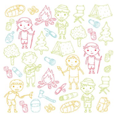 Kamp. Yaz tatili. Oğlanlar ve kızlar. Anaokulu Çocuk. Okulu öğrenci öğrencileri. Genç izci. Ahşap. Orman. Yangın. Macera ve keşif.