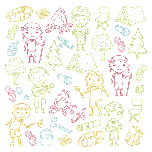 Kamp. Yaz tatili. Oğlanlar ve kızlar. Anaokulu Çocuk. Okulu öğrenci öğrencileri. Genç izci. Ahşap. Orman. Yangın. Macera ve keşif.