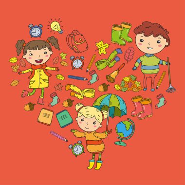 Sonbahar. Okula dönüş. Eğitim. Küçük çocuklar. Oğlanlar ve kızlar. Ana ve Okulu. Çocuklar eğlenceli ve çalışma sahip olacak. Oyun ve kitap ve öğretmenleri ile birlikte büyür. Hayal gücü.