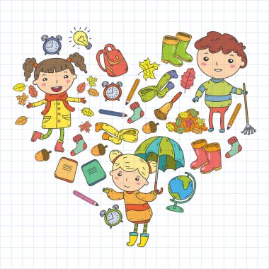 Sonbahar. Okula dönüş. Eğitim. Küçük çocuklar. Oğlanlar ve kızlar. Ana ve Okulu. Çocuklar eğlenceli ve çalışma sahip olacak. Oyun ve kitap ve öğretmenleri ile birlikte büyür. Hayal gücü.