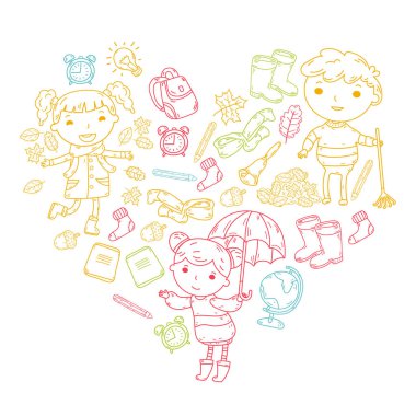 Sonbahar. Okula dönüş. Eğitim. Küçük çocuklar. Oğlanlar ve kızlar. Ana ve Okulu. Çocuklar eğlenceli ve çalışma sahip olacak. Oyun ve kitap ve öğretmenleri ile birlikte büyür. Hayal gücü.